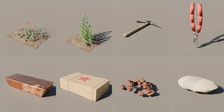 Rendus 3D des ressources et outils de farm