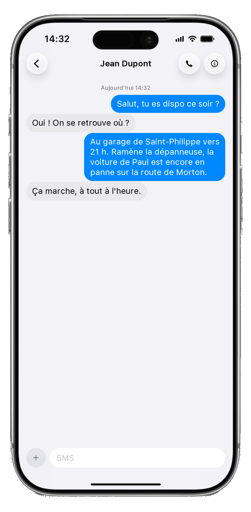 Conversation SMS sur le téléphone de FrenchCore Framework